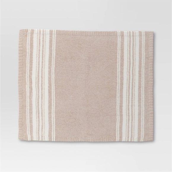 THRESHOLD NWT cozy feathery knit border striped throw blanket -neutral/ivory - Picture 3 of 7